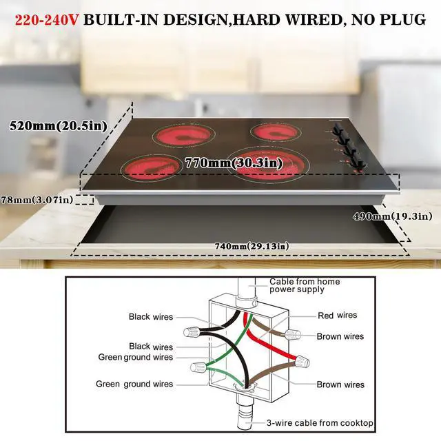Alt view image 6 of 7 - 30 Inch Electric Cooktop 4 Burners, Knob Control Ceramic Cooktop | Built-in 30" Radiant Electric Stove Top with Glass Protection Metal Frame, Fits Most Existing Cutouts, 220-240v Hard Wire
