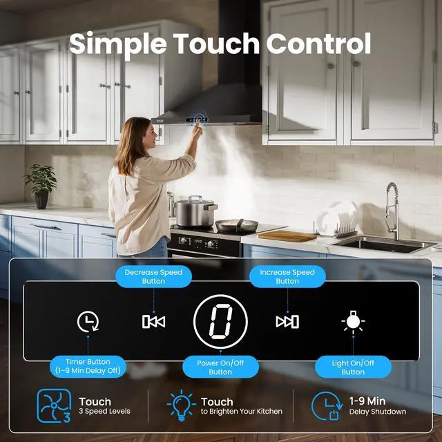 Alt view image 5 of 7 - 30 Inch Wall Mount Range Hood 580CFM Convertible Touch Control Black