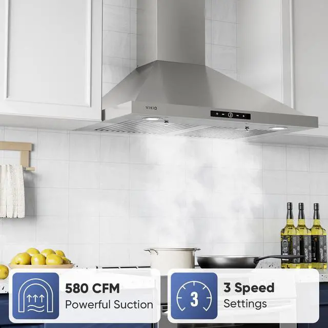 Alt view image 2 of 7 - Wall Mount Range Hood 30 inch, 580 CFM, Stainless Steel Kitchen Vent Hood Ducted/Ductless Convertible, with 3-Speed Fan and LED Lights