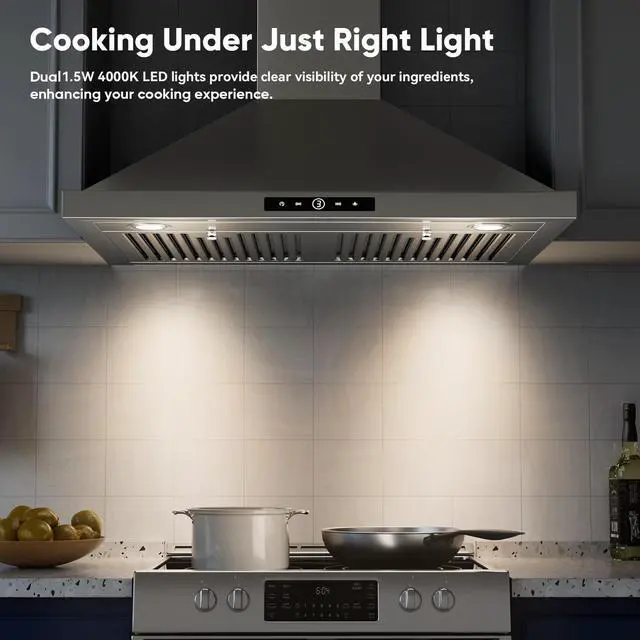 Alt view image 6 of 7 - Wall Mount Range Hood 30 inch, 580 CFM, Stainless Steel Kitchen Vent Hood Ducted/Ductless Convertible, with 3-Speed Fan and LED Lights