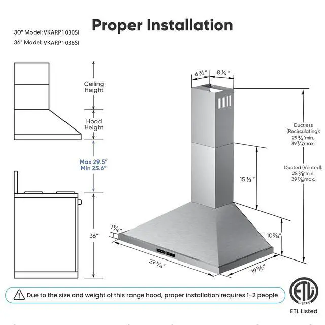 Alt view image 7 of 7 - Wall Mount Range Hood 30 inch, 580 CFM, Stainless Steel Kitchen Vent Hood Ducted/Ductless Convertible, with 3-Speed Fan and LED Lights