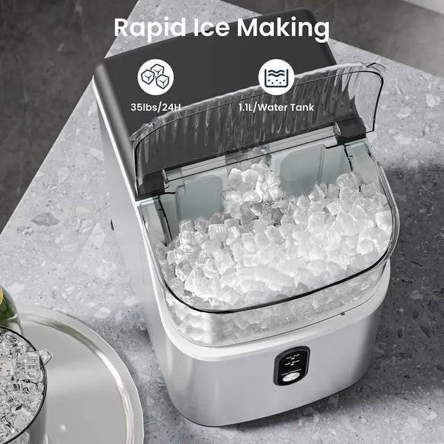 Alt view image 2 of 7 - Nugget Ice Makers Countertop, Portable Ice Maker Machine with Self-Cleaning, 35lbs/24H, Crushed Ice Machine with Handle & Scoop for Home, Kitchen, Office and Camping(Stainless Steel)