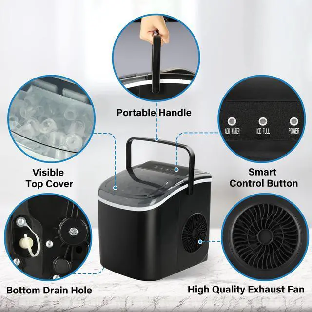 Alt view image 4 of 7 - Ice Maker Machine for Countertop, 26lbs Ice/24Hrs, 9 Ice Cubes Ready in 6 Mins, Portable Self-Clean Ice Machine with Scoop and Basket, 13.7lbs, for Home Kitchen Office Bar Party, Black