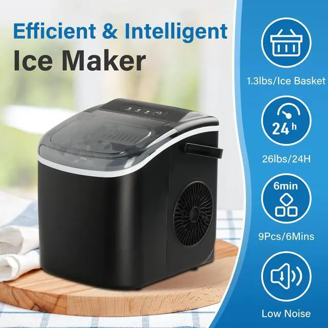 Alt view image 5 of 7 - Ice Maker Machine for Countertop, 26lbs Ice/24Hrs, 9 Ice Cubes Ready in 6 Mins, Portable Self-Clean Ice Machine with Scoop and Basket, 13.7lbs, for Home Kitchen Office Bar Party, Black