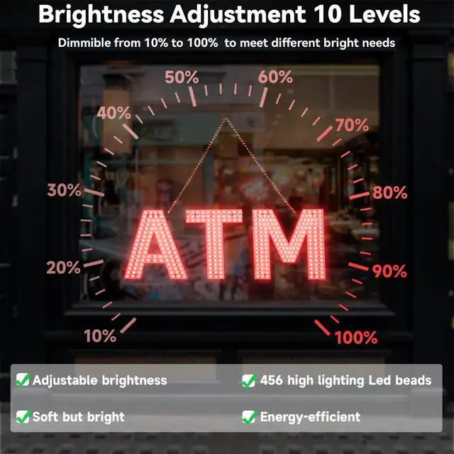 Alt view image 2 of 7 - ATM Sign for Business, 24"x8.35" Dimmable Bright LED Advertisement Board High Visibility with Adjustable Chain Hanging,Electric Display Signs Flash Light for Wall Window Shop,3 Modes,Red