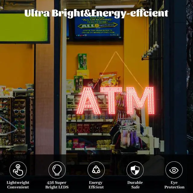 Alt view image 4 of 7 - ATM Sign for Business, 24"x8.35" Dimmable Bright LED Advertisement Board High Visibility with Adjustable Chain Hanging,Electric Display Signs Flash Light for Wall Window Shop,3 Modes,Red
