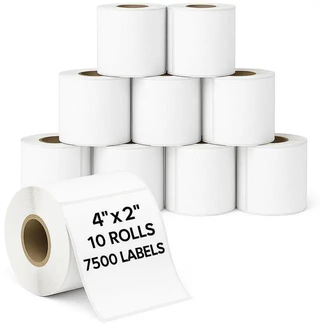 Main image of 4" x 2" Direct Thermal Labels Roll, 10 Rolls (7,500 Labels), 1" Core Compatible with Zebra,Rollo, MUNBYN,POLONO & IDPRT Label Printer, Strong Adhesive Perforated for Packages,Barcodes & Office Use