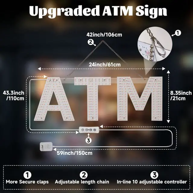 Alt view image 6 of 7 - ATM Sign for Business, 24"x8.35" Dimmable Bright LED Advertisement Board High Visibility with Adjustable Chain Hanging,Electric Display Signs Flash Light for Wall Window Shop,3 Modes,Red