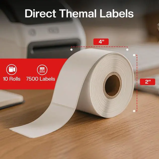 Alt view image 4 of 7 - 4" x 2" Direct Thermal Labels Roll, 10 Rolls (7,500 Labels), 1" Core Compatible with Zebra,Rollo, MUNBYN,POLONO & IDPRT Label Printer, Strong Adhesive Perforated for Packages,Barcodes & Office Use