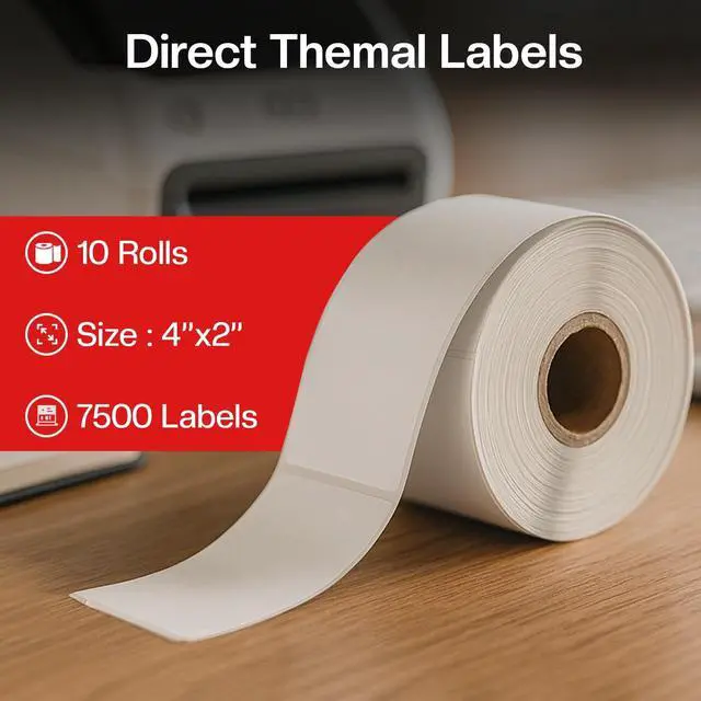 Alt view image 5 of 7 - 4" x 2" Direct Thermal Labels Roll, 10 Rolls (7,500 Labels), 1" Core Compatible with Zebra,Rollo, MUNBYN,POLONO & IDPRT Label Printer, Strong Adhesive Perforated for Packages,Barcodes & Office Use