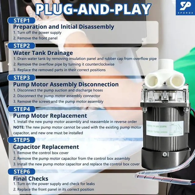 Alt view image 7 of 7 - S-0731 Ice Machine Motor Water Pump Assembly for Hoshizaki | Complete Replacement Kit with Mounting Plate,Capacitor,Cable & Plug,for Commercial,Quiet & High Production for Peak Demand