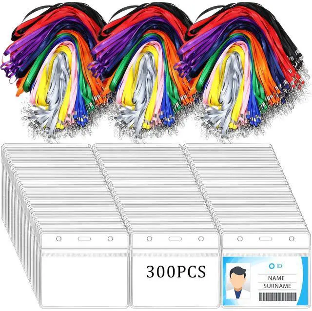 Main image of 300 Set Lanyards with ID Holder Clear Horizontal Name Tags Badge Flat Neck Lanyards Waterproof Resealable Zip ID Card Holder for Adult Kid Business School Office(Multicolor)