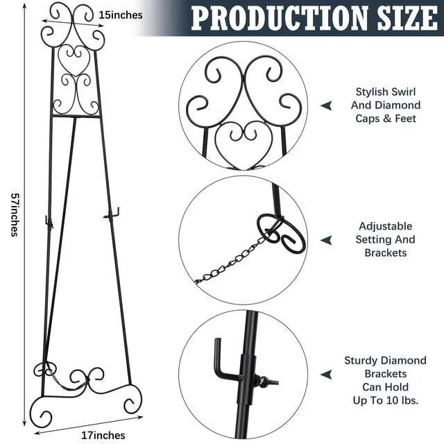 Alt view image 2 of 6 - 57" H Black Metal Scroll Easel Stand for Display Wedding Sign Poster Adjustable Portable Art Easels Poster Easel with Chain Support for Showcasing Pictures Artwork Coffee Exhibition Canvas