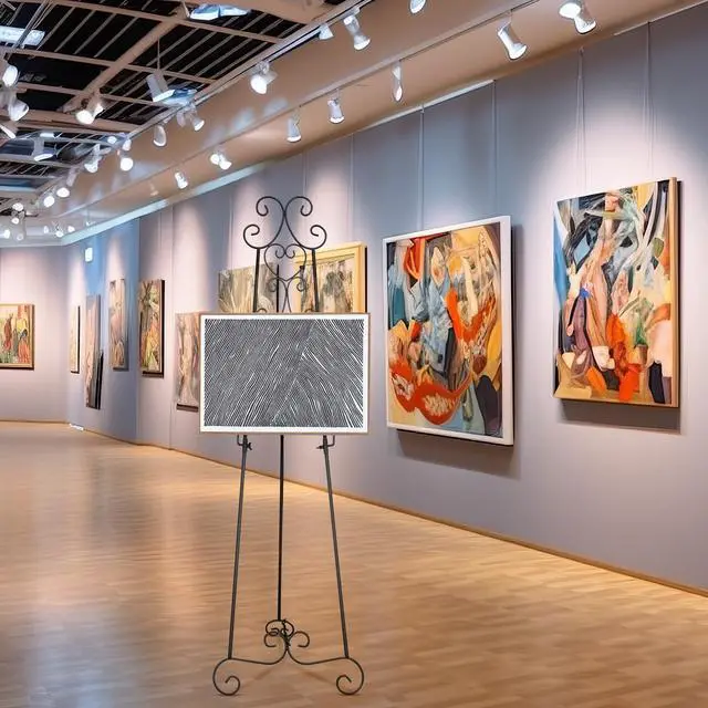 Alt view image 5 of 6 - 57" H Black Metal Scroll Easel Stand for Display Wedding Sign Poster Adjustable Portable Art Easels Poster Easel with Chain Support for Showcasing Pictures Artwork Coffee Exhibition Canvas