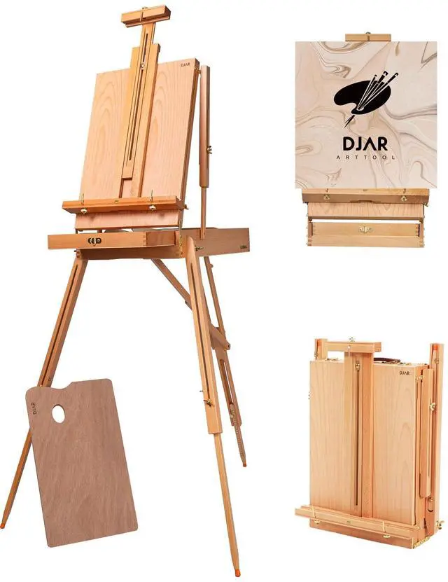 Main image of Beechwood French Easel with Shoulder Strap, Holds Canvas up to 34" | Adjustable, Palette, Level Instrument, Scale Leg, Outdoor & Indoor, Tabletop & Floor Use for Professional & Beginner Artists