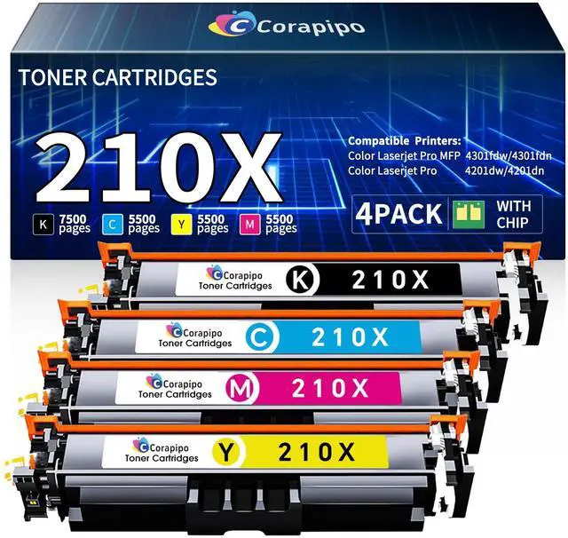 Main image of 210A 210X Toner Cartridge (with Chip) High Yield Compatible for HP 210X 210A W2100A Toner Cartridge with Color LaserJet Pro MFP 4301fdw 4301fdn Pro 4201dn 4201dw Printer| 4-Pack