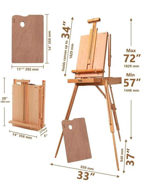 Alt view image 2 of 6 - Beechwood French Easel with Shoulder Strap, Holds Canvas up to 34" | Adjustable, Palette, Level Instrument, Scale Leg, Outdoor & Indoor, Tabletop & Floor Use for Professional & Beginner Artists