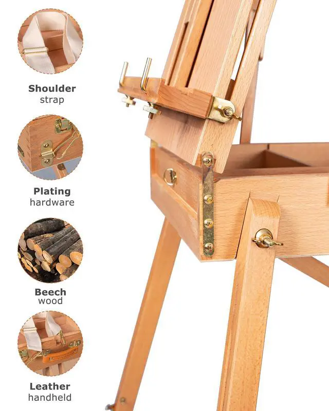 Alt view image 3 of 6 - Beechwood French Easel with Shoulder Strap, Holds Canvas up to 34" | Adjustable, Palette, Level Instrument, Scale Leg, Outdoor & Indoor, Tabletop & Floor Use for Professional & Beginner Artists