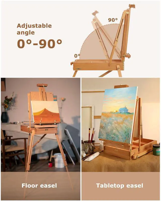 Alt view image 4 of 6 - Beechwood French Easel with Shoulder Strap, Holds Canvas up to 34" | Adjustable, Palette, Level Instrument, Scale Leg, Outdoor & Indoor, Tabletop & Floor Use for Professional & Beginner Artists