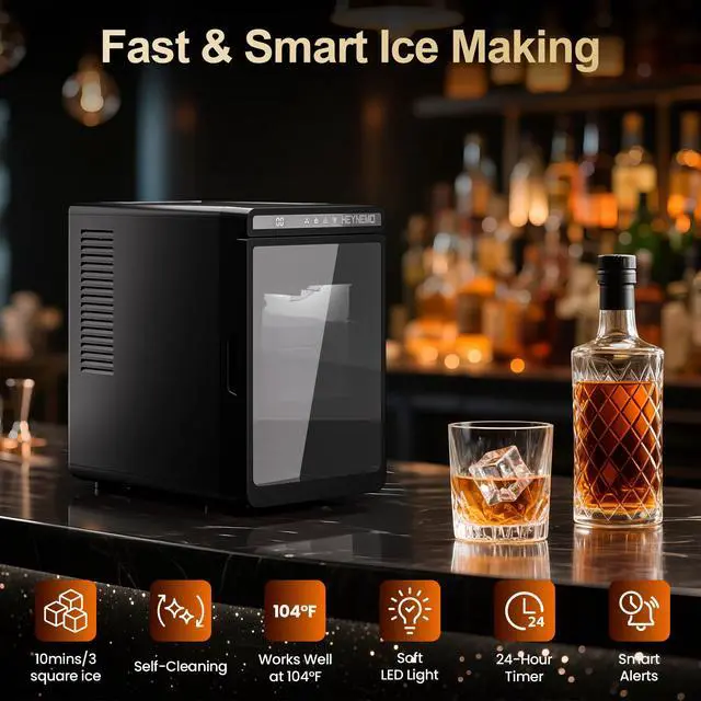Alt view image 2 of 7 - Clear Ice Maker Compact Countertop Ice Machine with 1.6" Square Ice Cubes, Fast 10-Min Ice Production, Self-Cleaning,LED Light & TimerPortable Electric Ice Maker for Kitchen, Bar, RV, Black