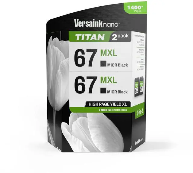 Main image of Nano 67 MXL Titan-Magnetic (MICR 3-in-1) Black Ink Cartridge 2-Pack Replacement of 67 and 67 XL, Works with DESKJET 2723,2734,2755,2855,4133,4155,4255, Envy 6055,6075,6455,6475