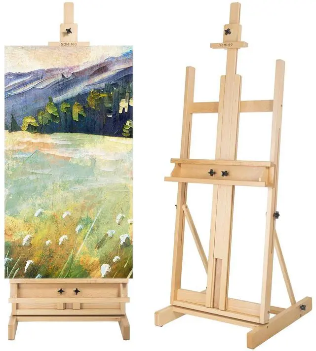 Main image of Beechwood H-Frame Artist Studio Easel with Storage Drawer, Natural | Adjustable Wooden Painting Easel Holding Canvas up to 78" High