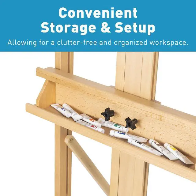 Alt view image 3 of 7 - Beechwood H-Frame Artist Studio Easel with Storage Drawer, Natural | Adjustable Wooden Painting Easel Holding Canvas up to 78" High
