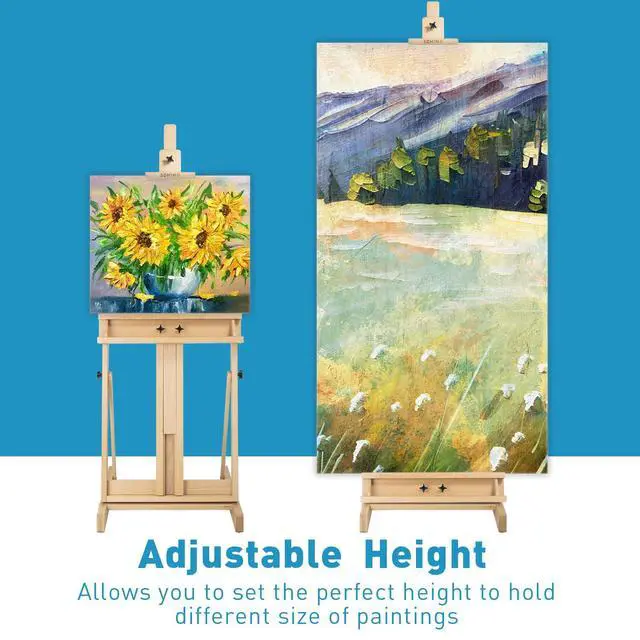 Alt view image 5 of 7 - Beechwood H-Frame Artist Studio Easel with Storage Drawer, Natural | Adjustable Wooden Painting Easel Holding Canvas up to 78" High