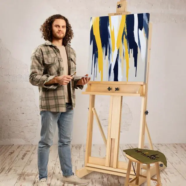 Alt view image 7 of 7 - Beechwood H-Frame Artist Studio Easel with Storage Drawer, Natural | Adjustable Wooden Painting Easel Holding Canvas up to 78" High