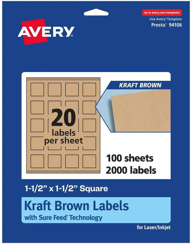 Main image of ® Kraft Brown Square Labels, Sure Feed® Technology, 1.5" x 1.5", 2,000 Kraft Brown Labels, Print-to-The-Edge, Laser/Inkjet Printable