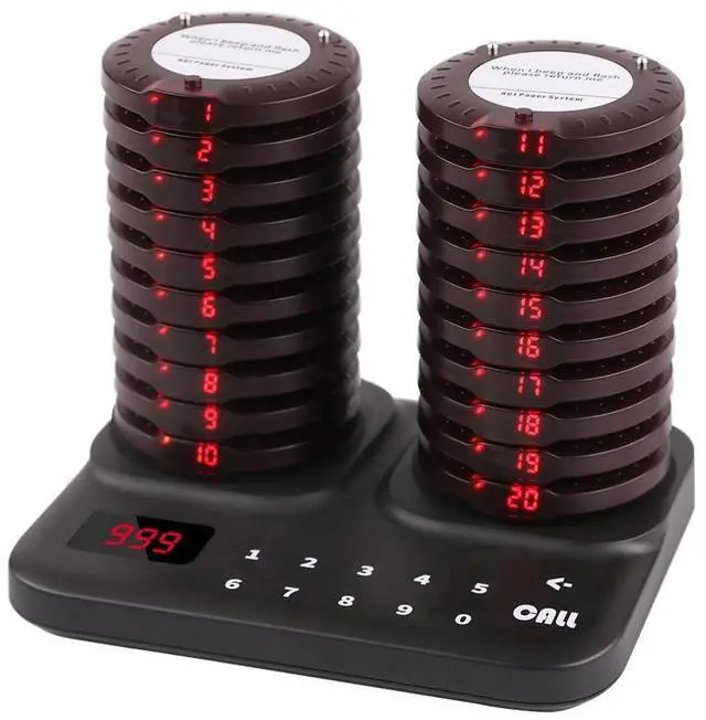 Main image of Restaurant Pager System Wireless 20 Coaster Beeper Guest Customer Queue Buzzer for Food Truck Church Nursery Clinic Coffee Shop