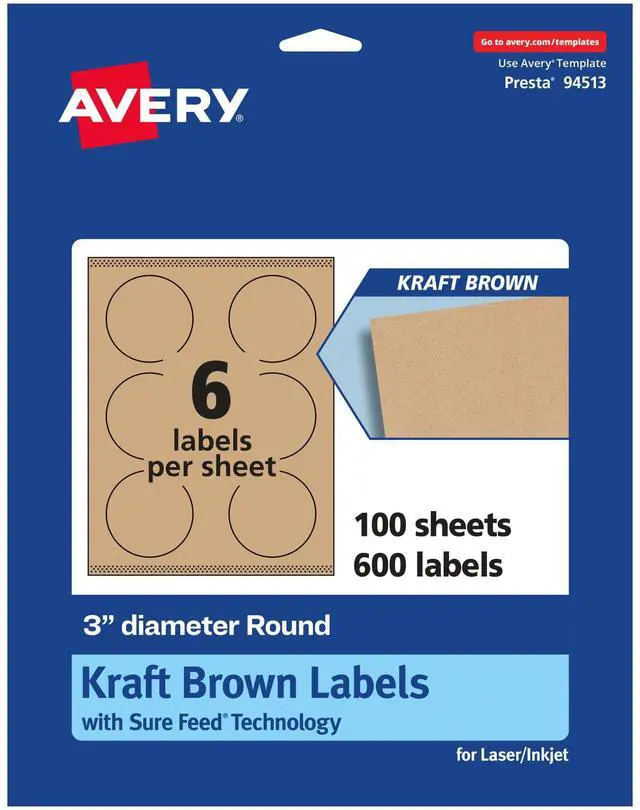 Main image of ® Kraft Brown Round Labels, Sure Feed® Technology, 3" Diameter, 600 Kraft Brown Labels, Print-to-The-Edge, Laser/Inkjet Printable