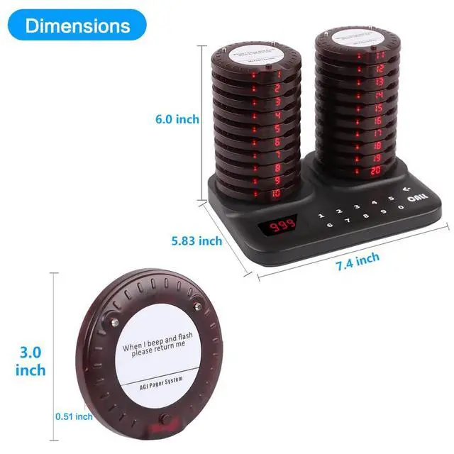 Alt view image 6 of 6 - Restaurant Pager System Wireless 20 Coaster Beeper Guest Customer Queue Buzzer for Food Truck Church Nursery Clinic Coffee Shop