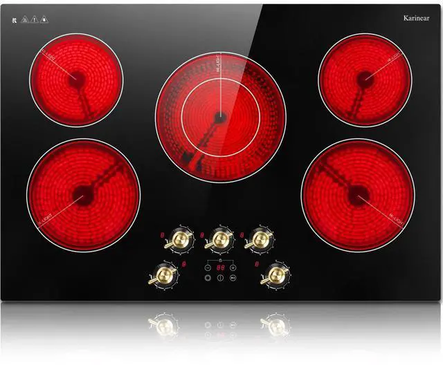 Main image of Electric Cooktop 30 Inch, 5 Burner Radiant Cooktop Knob Control | 8500W, 220-240V Hardwire, Built-in Stove Top, 9 Power Levels, Timer, Child Lock, Pause, Residual Heat Indicator(Gold Knob)