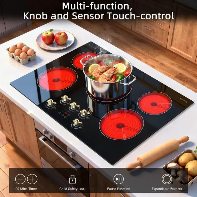 Alt view image 2 of 7 - Electric Cooktop 30 Inch, 5 Burner Radiant Cooktop Knob Control | 8500W, 220-240V Hardwire, Built-in Stove Top, 9 Power Levels, Timer, Child Lock, Pause, Residual Heat Indicator(Gold Knob)
