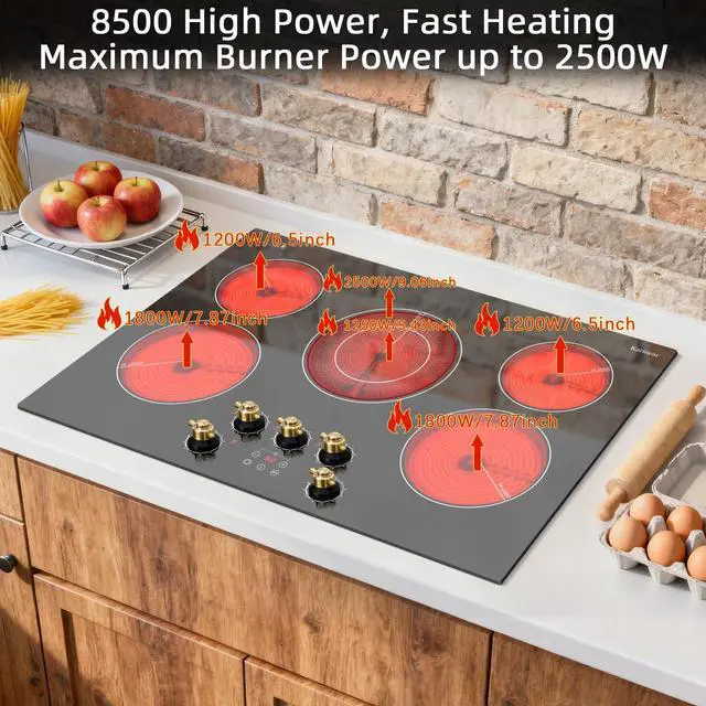 Alt view image 3 of 7 - Electric Cooktop 30 Inch, 5 Burner Radiant Cooktop Knob Control | 8500W, 220-240V Hardwire, Built-in Stove Top, 9 Power Levels, Timer, Child Lock, Pause, Residual Heat Indicator(Gold Knob)