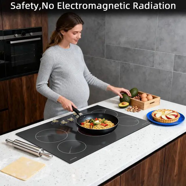 Alt view image 4 of 7 - Electric Cooktop 30 Inch, 5 Burner Radiant Cooktop Knob Control | 8500W, 220-240V Hardwire, Built-in Stove Top, 9 Power Levels, Timer, Child Lock, Pause, Residual Heat Indicator(Gold Knob)