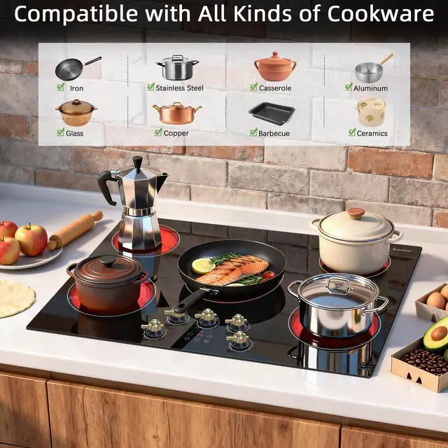 Alt view image 5 of 7 - Electric Cooktop 30 Inch, 5 Burner Radiant Cooktop Knob Control | 8500W, 220-240V Hardwire, Built-in Stove Top, 9 Power Levels, Timer, Child Lock, Pause, Residual Heat Indicator(Gold Knob)