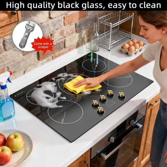 Alt view image 6 of 7 - Electric Cooktop 30 Inch, 5 Burner Radiant Cooktop Knob Control | 8500W, 220-240V Hardwire, Built-in Stove Top, 9 Power Levels, Timer, Child Lock, Pause, Residual Heat Indicator(Gold Knob)