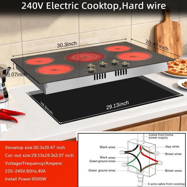 Alt view image 7 of 7 - Electric Cooktop 30 Inch, 5 Burner Radiant Cooktop Knob Control | 8500W, 220-240V Hardwire, Built-in Stove Top, 9 Power Levels, Timer, Child Lock, Pause, Residual Heat Indicator(Gold Knob)