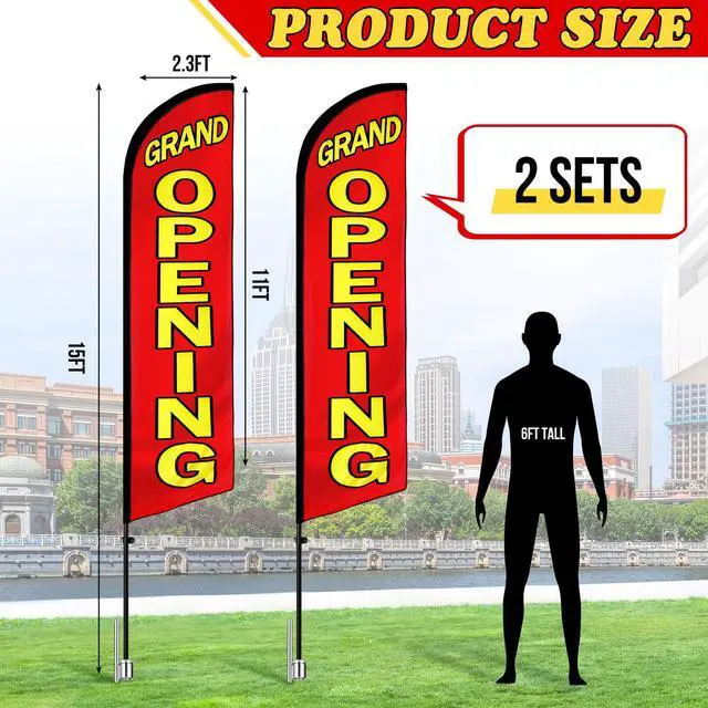 Alt view image 2 of 6 - 2 Sets Large Feather Flag 15 x 2.3 ft Grand Opening Open Hiring Sale Advertising Feather Flag Pole Kit Banner Sign for Business Store Outdoor Swooper(Grand Opening)
