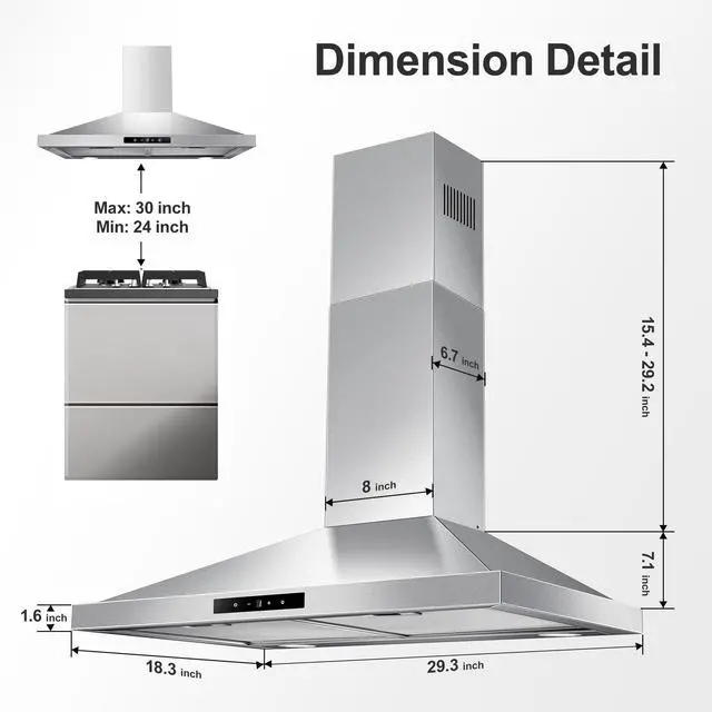 Alt view image 2 of 7 - Range Hood 30 inch Wall Mount, Kitchen Vent Hood 450 CFM in Stainless Steel, Stove Vent Hood with Ducted Convertible Ductless, Touch Switch, LEDs Light, 3-Speed Fan, Aluminum Filters