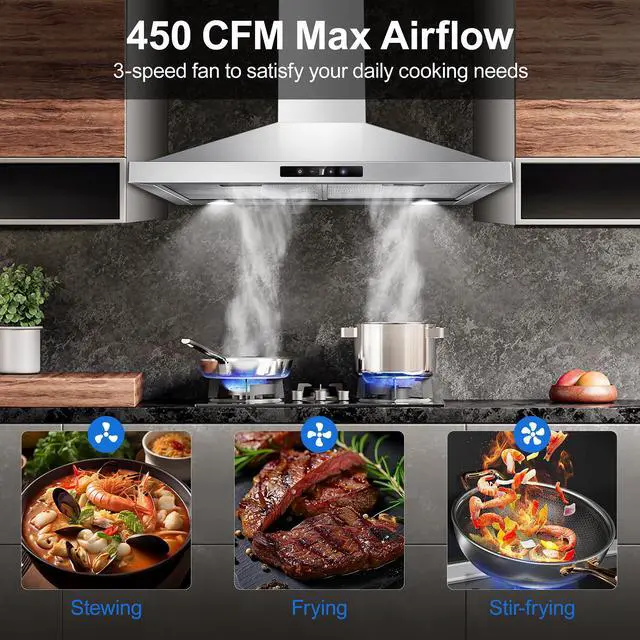 Alt view image 3 of 7 - Range Hood 30 inch Wall Mount, Kitchen Vent Hood 450 CFM in Stainless Steel, Stove Vent Hood with Ducted Convertible Ductless, Touch Switch, LEDs Light, 3-Speed Fan, Aluminum Filters