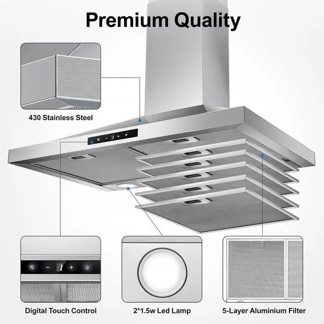 Alt view image 5 of 7 - Range Hood 30 inch Wall Mount, Kitchen Vent Hood 450 CFM in Stainless Steel, Stove Vent Hood with Ducted Convertible Ductless, Touch Switch, LEDs Light, 3-Speed Fan, Aluminum Filters