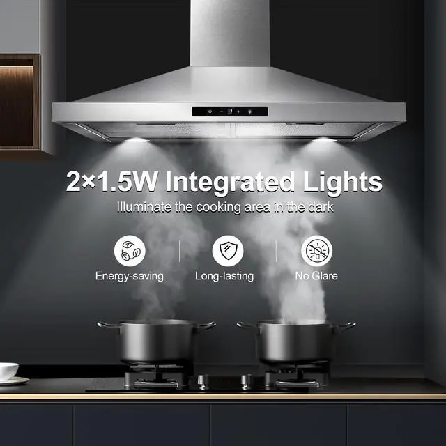 Alt view image 7 of 7 - Range Hood 30 inch Wall Mount, Kitchen Vent Hood 450 CFM in Stainless Steel, Stove Vent Hood with Ducted Convertible Ductless, Touch Switch, LEDs Light, 3-Speed Fan, Aluminum Filters