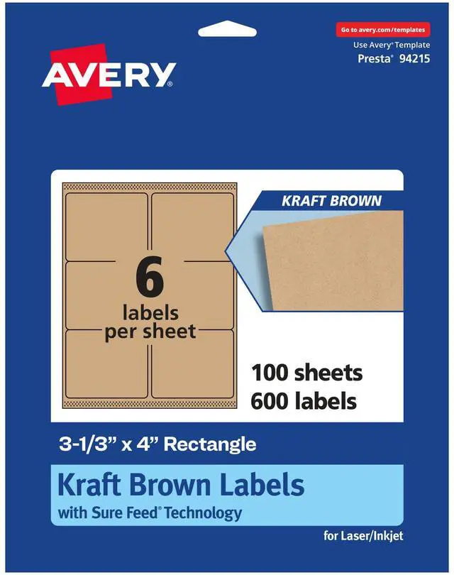 Main image of ® Kraft Brown Rectangle Labels, Sure Feed® Technology, 3-1/3" x 4", 600 Kraft Brown Labels, Laser/Inkjet Printable