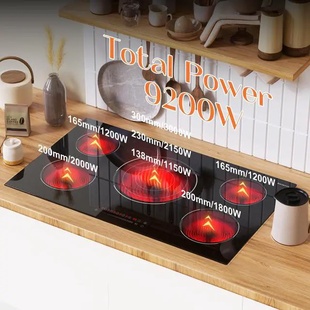 Alt view image 2 of 7 - 36 Inch Electric Cooktop, 5 Burner Electric Cooktop Bulit in, 9200W, 9 Power Levels, Electrics Stove with Timer, Safety Lock, Pause, 220V-240V Hard Wire