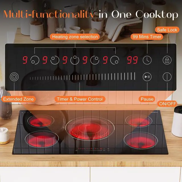 Alt view image 5 of 7 - 36 Inch Electric Cooktop, 5 Burner Electric Cooktop Bulit in, 9200W, 9 Power Levels, Electrics Stove with Timer, Safety Lock, Pause, 220V-240V Hard Wire
