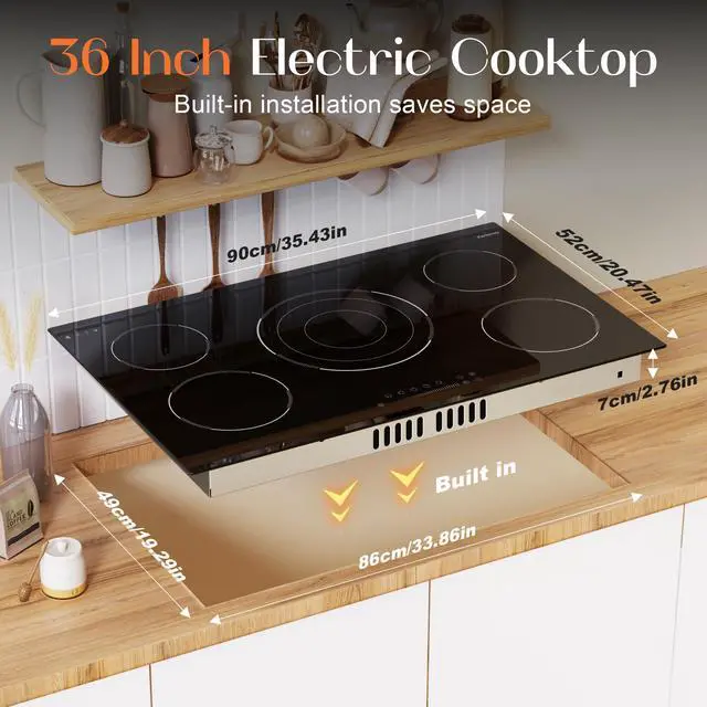 Alt view image 6 of 7 - 36 Inch Electric Cooktop, 5 Burner Electric Cooktop Bulit in, 9200W, 9 Power Levels, Electrics Stove with Timer, Safety Lock, Pause, 220V-240V Hard Wire