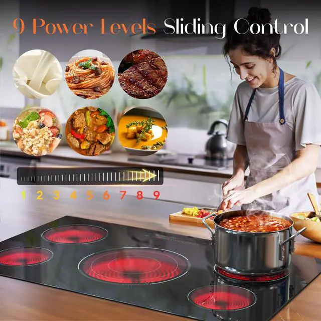 Alt view image 4 of 7 - 36 Inch Electric Cooktop, 5 Burner Electric Cooktop Bulit in, 9200W, 9 Power Levels, Electrics Stove with Timer, Safety Lock, Pause, 220V-240V Hard Wire